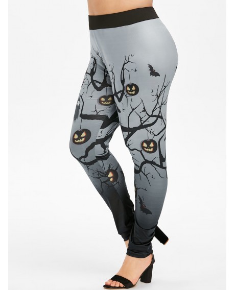 Branch Bat Pumpkin Ghost Print Plus Size Halloween Leggings - Black L