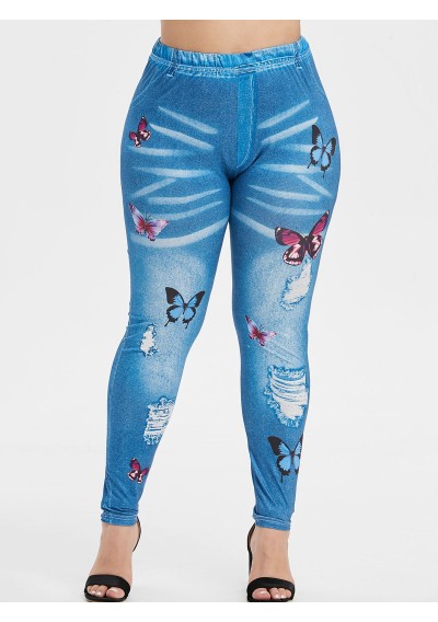 Plus Size Butterfly 3D Ripped Print Jeggings - Crystal Blue L