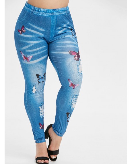 Plus Size Butterfly 3D Ripped Print Jeggings - Crystal Blue L