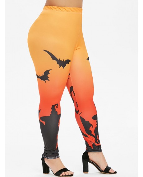 Plus Size Halloween Gradient Bat Ghost Print Leggings - Halloween Orange L