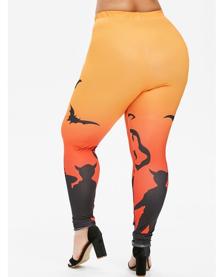 Plus Size Halloween Gradient Bat Ghost Print Leggings - Halloween Orange L