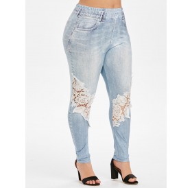 Printed Lace Patched High Waisted Plus Size Jeggings - Blue L