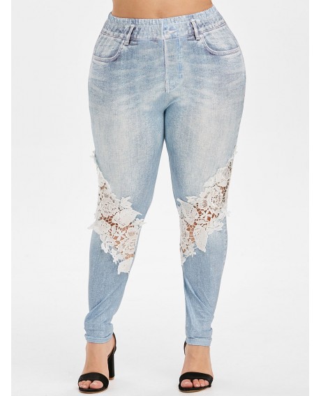 Printed Lace Patched High Waisted Plus Size Jeggings - Blue L