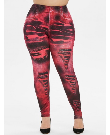 Printed Plus Size High Waisted Jeggings - Cherry Red L