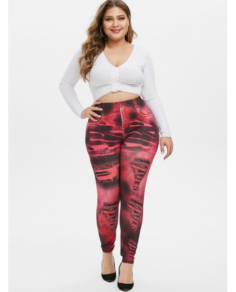 Printed Plus Size High Waisted Jeggings - Cherry Red L