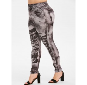 Faded Printed High Waisted Pull On Plus Size Jeggings - Black L