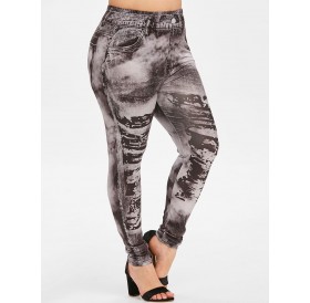 Faded Printed High Waisted Pull On Plus Size Jeggings - Black L