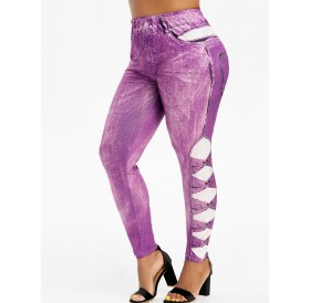Printed High Waisted Pull On Plus Size Jeggings - Purple L