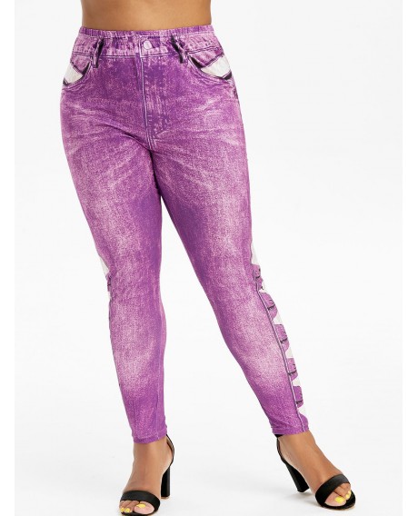 Printed High Waisted Pull On Plus Size Jeggings - Purple L