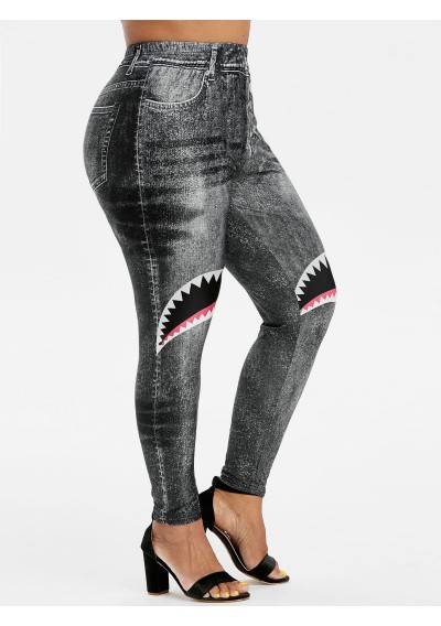Shark Mouth Print High Waisted Pull On Plus Size Jeggings - Black L