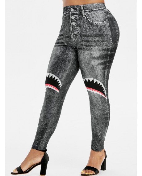 Shark Mouth Print High Waisted Pull On Plus Size Jeggings - Black L