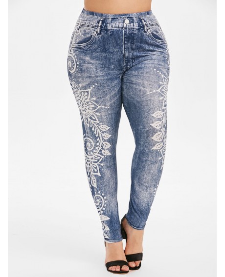 High Waisted Printed Pull On Plus Size Jeggings - Blue L
