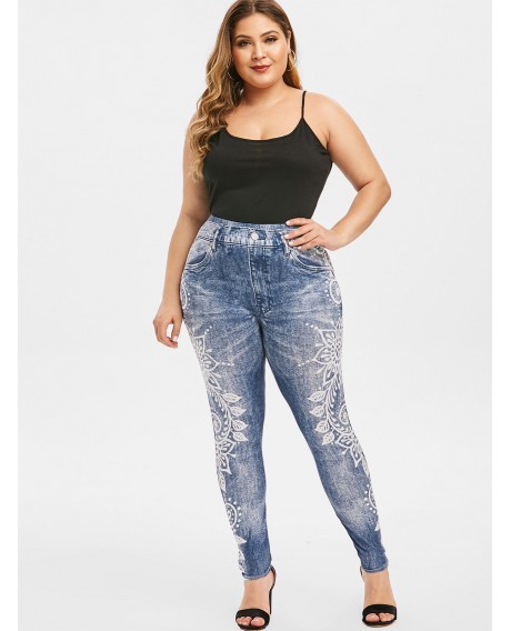High Waisted Printed Pull On Plus Size Jeggings - Blue L