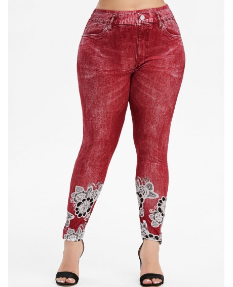 Floral Printed High Waisted Pull On Plus Size Jeggings - Red L