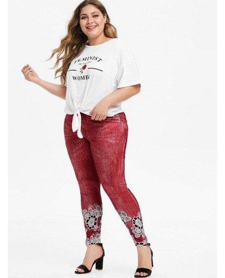 Floral Printed High Waisted Pull On Plus Size Jeggings - Red L