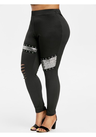 Plus Size Sequins Grommet Ripped Leggings - Black L