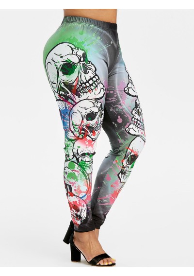 Plus Size Splatter Paint Skull Print Halloween Leggings -  L