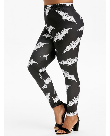 Plus Size Bat Print Halloween Skinny Leggings - Black L