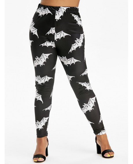 Plus Size Bat Print Halloween Skinny Leggings - Black L