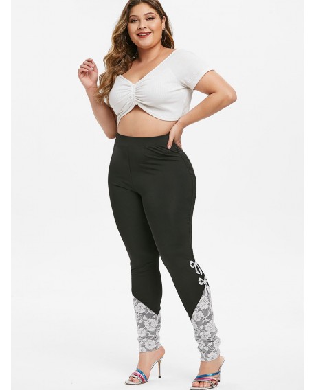 Plus Size High Waisted Bowknot Lace Insert Leggings - Black 4x