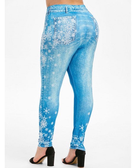 Snowflake Print High Waisted Pull On Plus Size Jeggings - Blue L