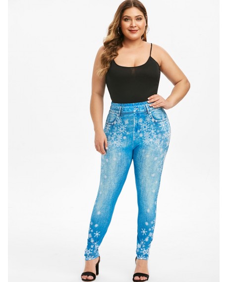 Snowflake Print High Waisted Pull On Plus Size Jeggings - Blue L
