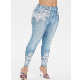 Plus Size Skinny 3D Lace Jean Print Jeggings - Blue Gray L