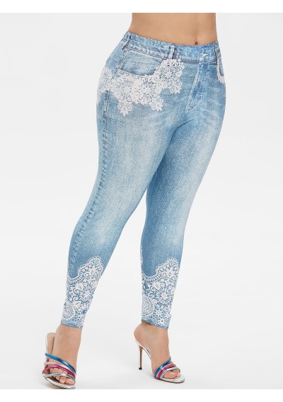 Plus Size Skinny 3D Lace Jean Print Jeggings - Blue Gray L