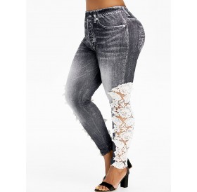 Lace Panel Printed High Waisted Plus Size Jeggings - Black L