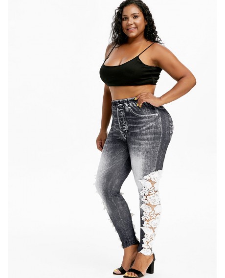 Lace Panel Printed High Waisted Plus Size Jeggings - Black L