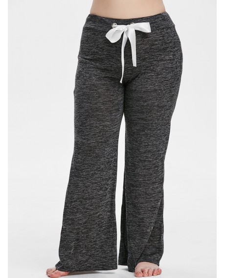 Plus Size Heathered Ribbon Drawstring Wide Leg Pants - Dark Gray L