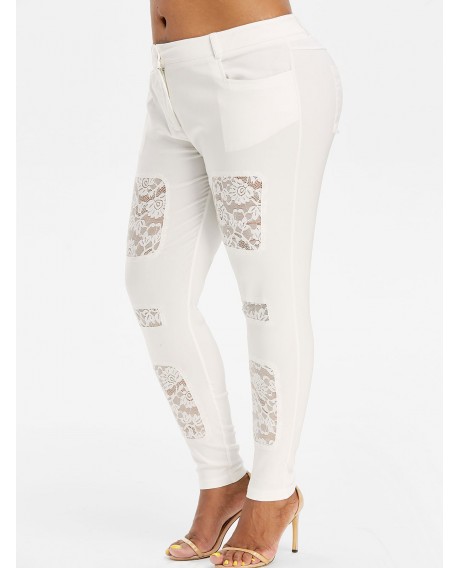 Mid Rise Lace Panel Skinny Plus Size Pants - White L