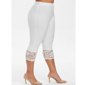 Capri Lace Panel High Waisted Plus Size Pants - White L