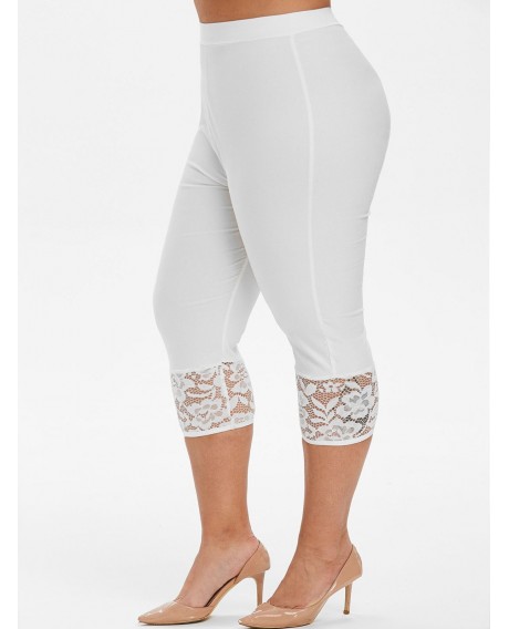 Capri Lace Panel High Waisted Plus Size Pants - White L