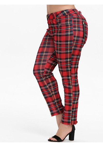 Zippered Pockets Plaid Skinny Plus Size Pants - Red L