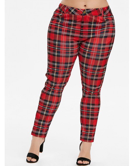 Zippered Pockets Plaid Skinny Plus Size Pants - Red L