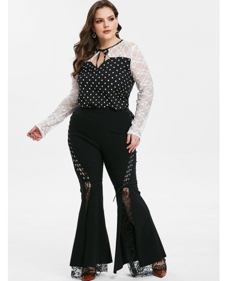Lace Panel Lace Up High Waisted Plus Size Flare Pants - Black L