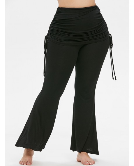 Plus Size Cinched Overlay Bell Bottom Pants - Black 1x