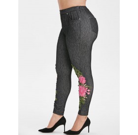 Floral Applique High Waisted Pockets Plus Size Skinny Pants - Black L