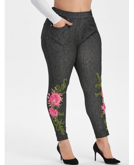 Floral Applique High Waisted Pockets Plus Size Skinny Pants - Black L