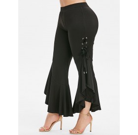 Plus Size Lace Up High Waisted Flare Pants - Black L