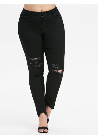 Plus Size High Rise Ripped Frayed Pants - Black 2x