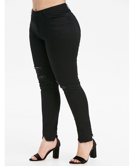 Plus Size High Rise Ripped Frayed Pants - Black 2x