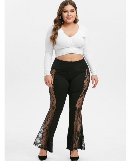 Mid Rise Lace Panel Plus Size Flare Pants - Black L