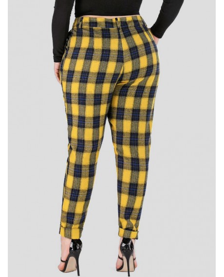 Plaid Plus Size High Waisted Pencil Pants - Yellow 1x