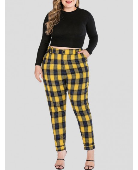 Plaid Plus Size High Waisted Pencil Pants - Yellow 1x