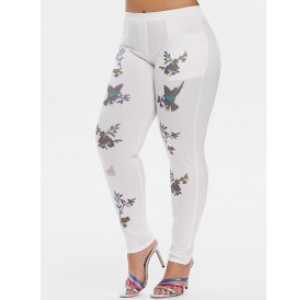 Mid Rise Leaves Floral Skinny Plus Size Pants - White L