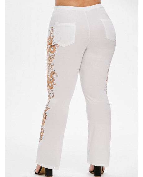 Printed Pockets Plus Size Boot Cut Pants - White L
