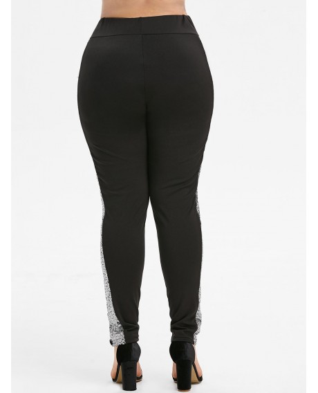 Plus Size Sequins High Rise Pants - Black L