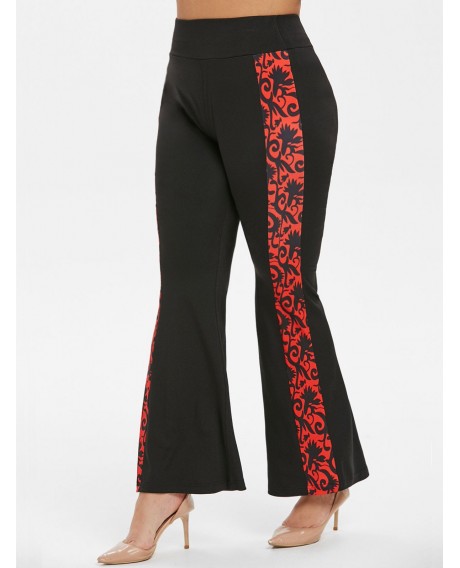 High Waisted Printed Plus Size Flare Pants - Black L